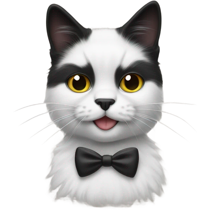 fluffy black and white cat with Charlie Chaplin black mustache emoji