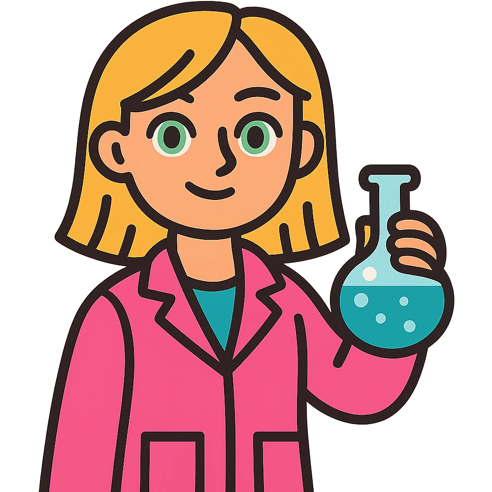blonde girl with green-grey eyes, wearing a pink lab coat, holding a flask emoji