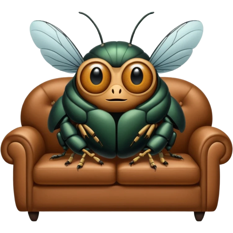 Black Cicada cartoon style with black shiny round eyes watching on a phone sit on a brown sofa  emoji