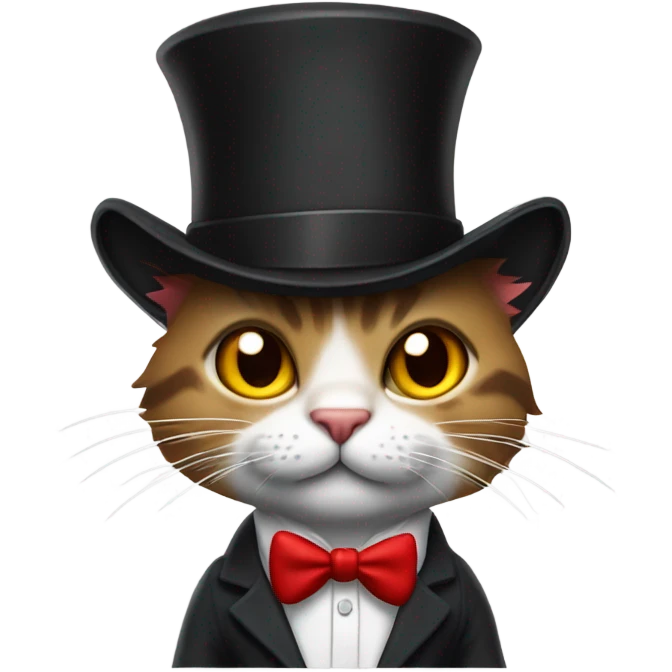 Cat with a top hat wearing a suit and tie and black ripped jeans with a fluffy tail and sharp claws and red gloves emoji