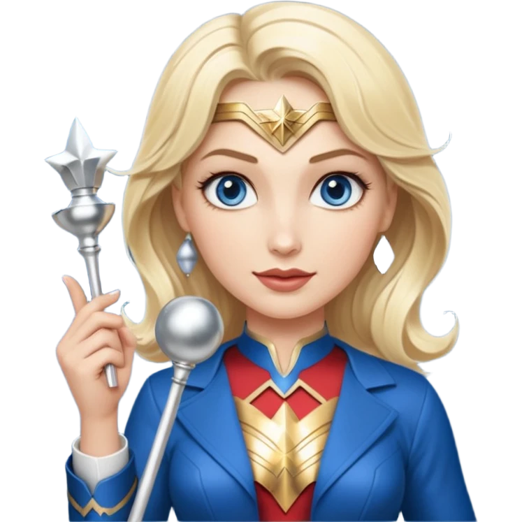 Blonde blue eyes Wonder Woman holding bell and short white orchestra conductor’s baton  emoji