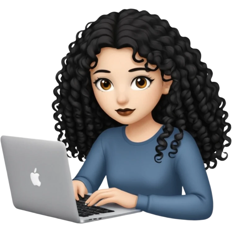 a girl typing mac book air with long black curly hair and brown eyes with winged black eyeliner emoji