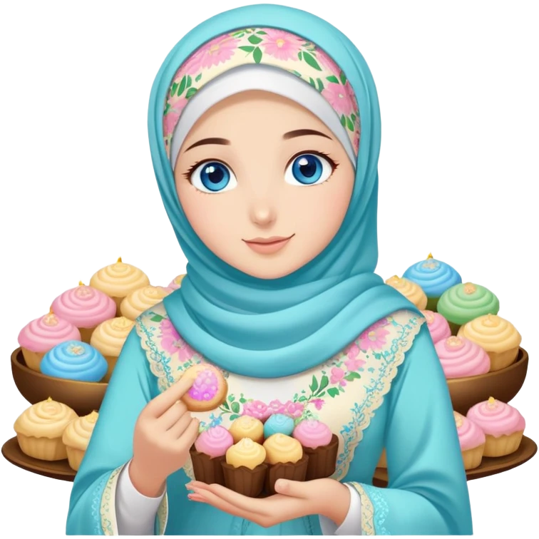 Turkish beautiful finish Konya girl blue eyes with pastel floral hijab islamic dress and had on her hand text Eid Mubarak with sweets and celebrating with her friends eid days   emoji