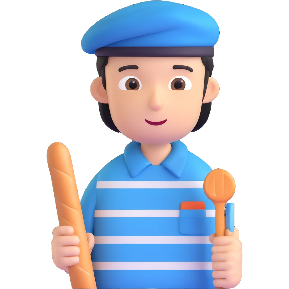 French man with blue and white striped shirt, black beret, holding a baguette emoji