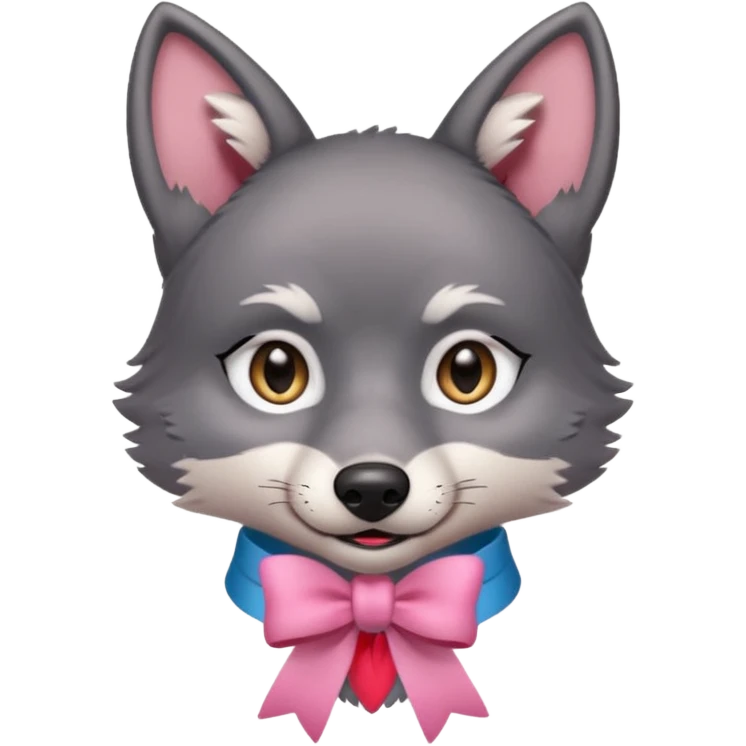 Pleading Face cute dark grey wolf with a pink ribbon io his ear emoji