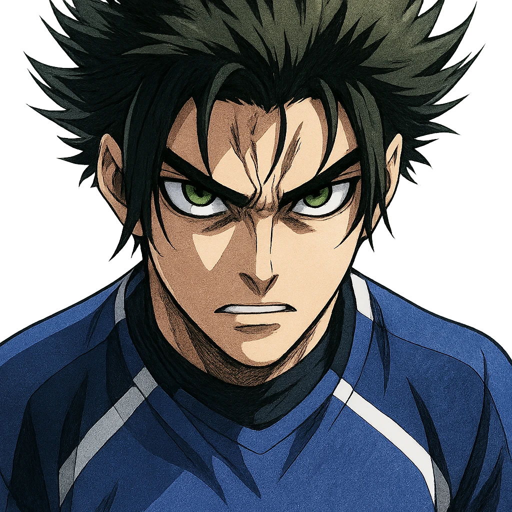 Don Lorenzo from Blue Lock, close-up portrait, intense gaze, anime style, blue and white soccer jersey, spiky hair, no background emoji
