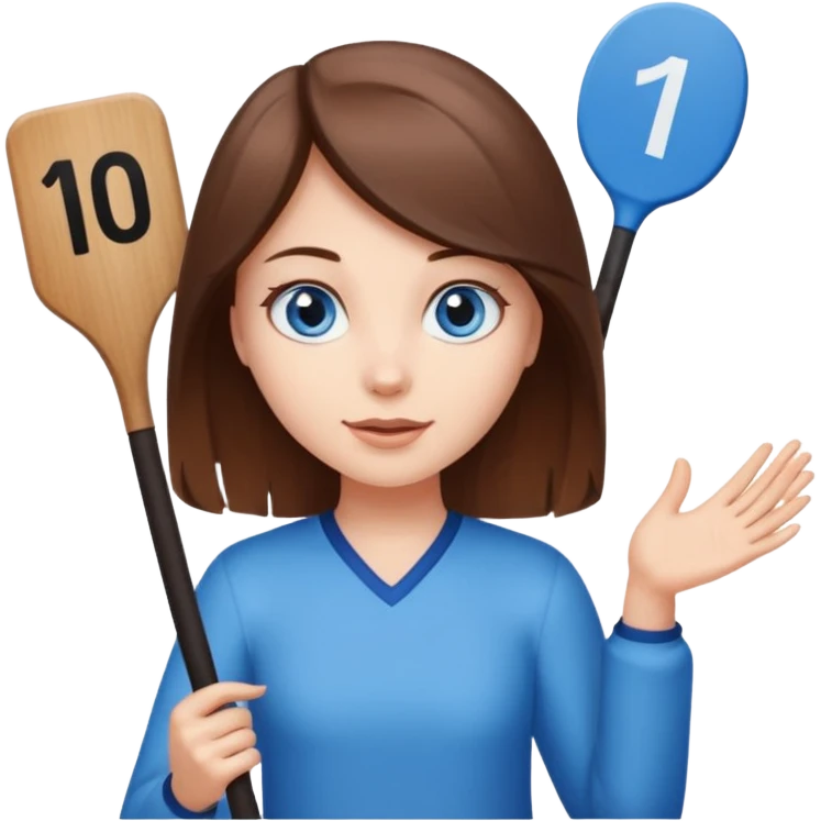 White skinned girl with blue eyes brown hair holding up a score paddle with a 10 on it  emoji