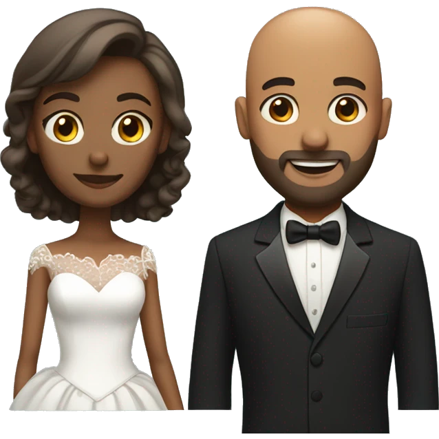 brown skin bald man with beard in tuxedo and brown skin woman with short hair Marriage emoji