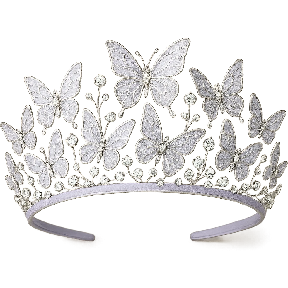 butterfly crown with a delicate violet base, butterflies in light purple and silver enamel, sparkling gems emoji