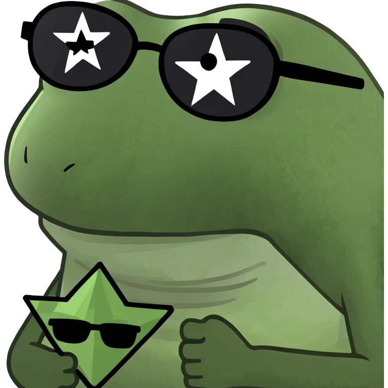 bufo with triangle shaped 8 bit sunglasses full black, confident smile, with a mini black star in his hand emoji