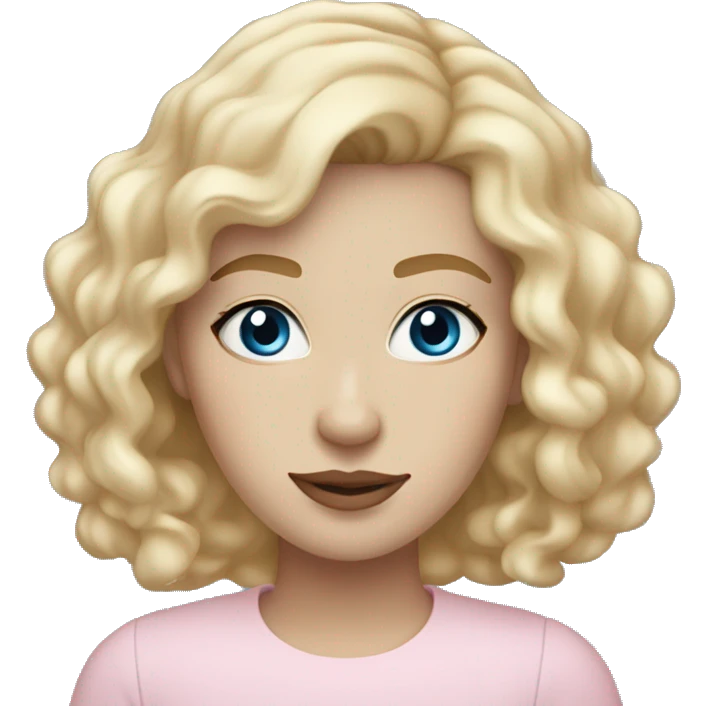Pale white 25 year old woman with blue eyes, Long blonde and a little curly hair, light brown eyebrows, light pink lips emoji