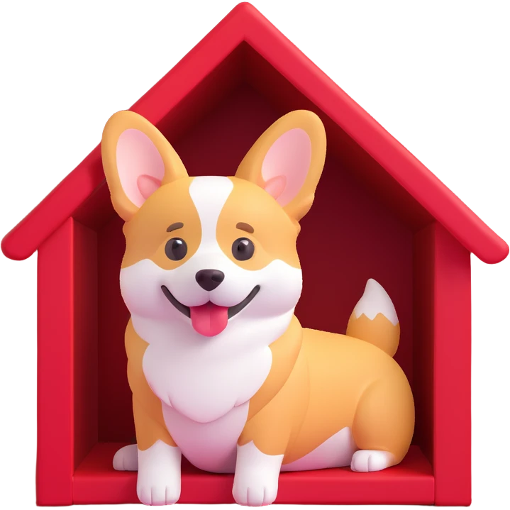 Replace the dog in the house with a corgi breed, keeping the same 3D emoji texture and style, maintaining the red doghouse and overall composition as in the reference image. emoji