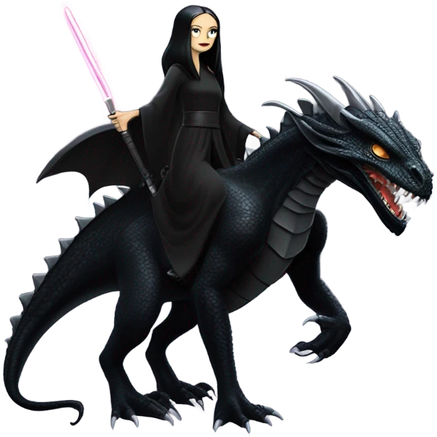  beautiful armored teen Morticia Addams Jedi riding on the back of a very large black shiny evil-looking dragon emoji