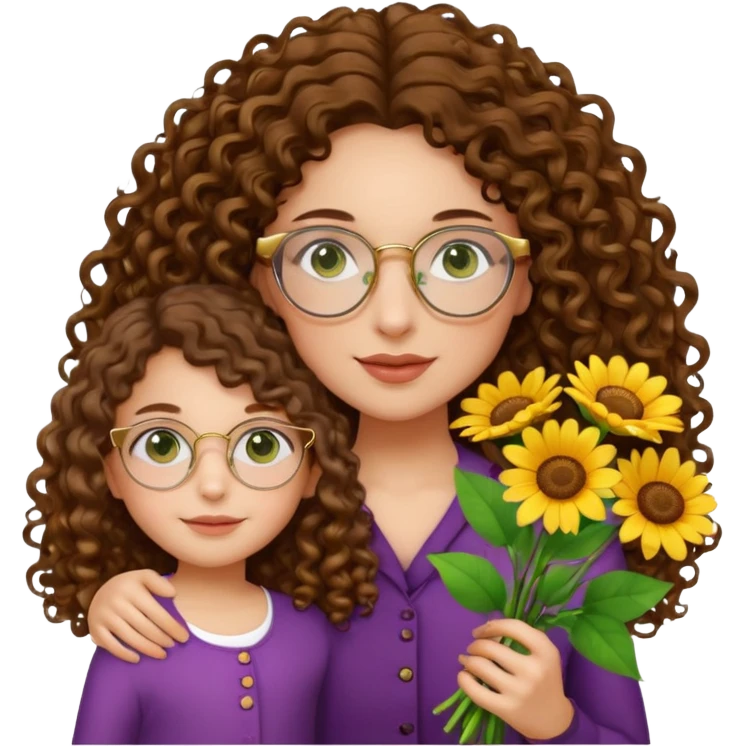 light skinned brunette long curly haired woman with green/hazel eyes framed with large round gold rimmed glasses holding big bright bunch of flowers with one hand and young kindergarten age daughter's hand (also with long brown curly hair) in other. White background. emoji