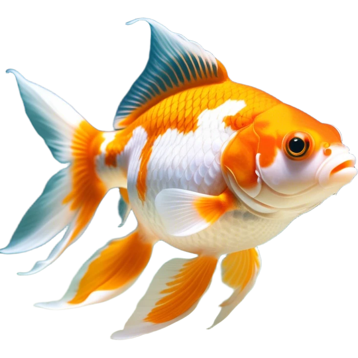 Cinematic Noble Orange and White Goldfish Portrait Emoji, Poised and regal, with a sleek, streamlined build and a vibrant body featuring a harmonious blend of orange and white hues, deep-set soulful golden eyes, Simplified yet sharp and sophisticated features, highly detailed, glowing with a soft, dignified glow, high shine, intelligent and graceful, stylized with an air of aquatic artistry, focused and attentive, soft glowing outline, capturing the essence of a watchful and confident aquatic companion, so majestic it feels as though it could glide out of the screen with effortless authority! emoji