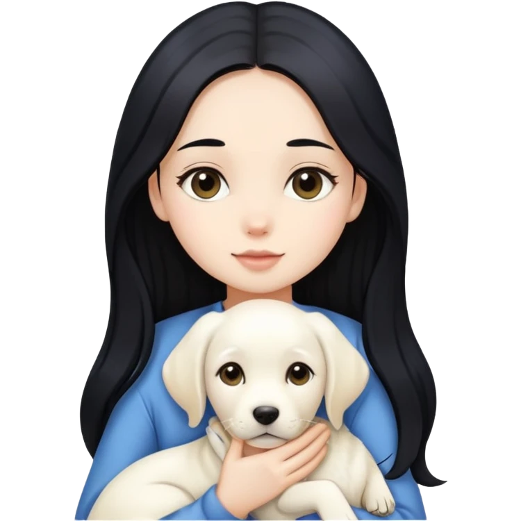A beautiful girl with long black hair and fair skin is holding a white Labrador emoji
