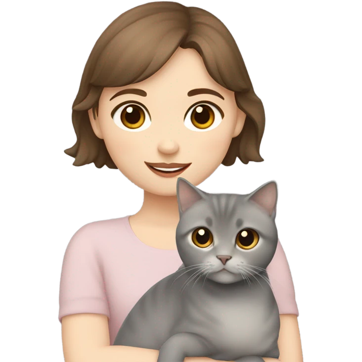 A girl with short brown hair and pale skin holds a grey scottish fold cat emoji