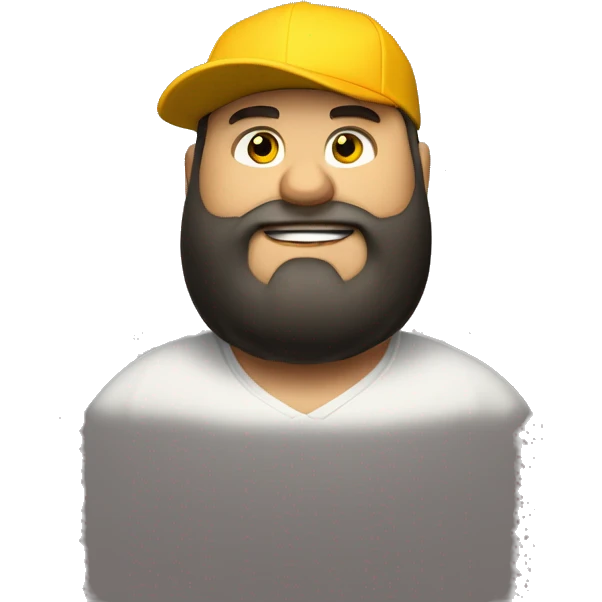 Fat bearded white man, squinty eyes, short black beard, yellow hood, black baseball cap, mouth agape, very fat emoji