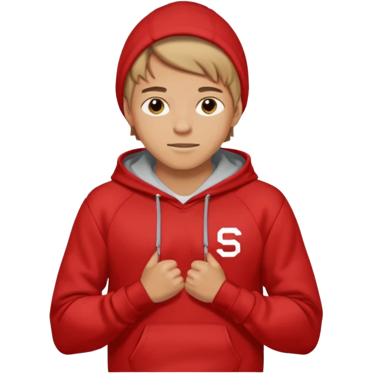 make me an emoji of an americain 19 yearold boy in a red hoodie that says "south" on it and give him with tan skin with his hands in his hands in his pocket wth a small smile flexing his muscles emoji