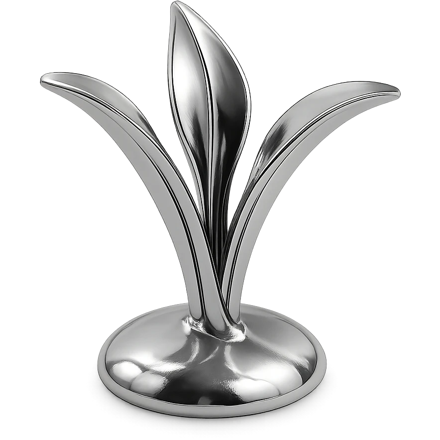 abstract chrome plant with three curved petals rising from the earth, radiant and polished emoji