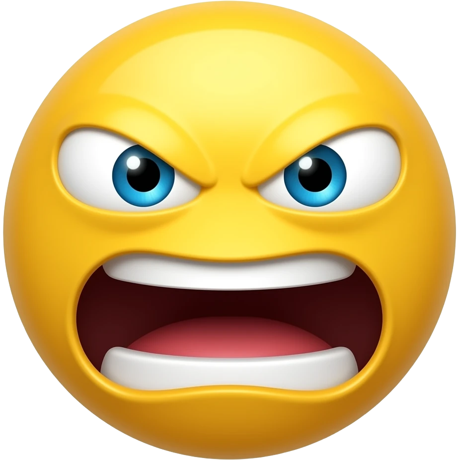 Distorted 2D yellow emoji face, wide-stretched screaming open mouth, slightly shifted and bulging eyes, hyper-expressive and intense hype expression, minimalist cartoon style, vibrant colors, isolated on a white background emoji