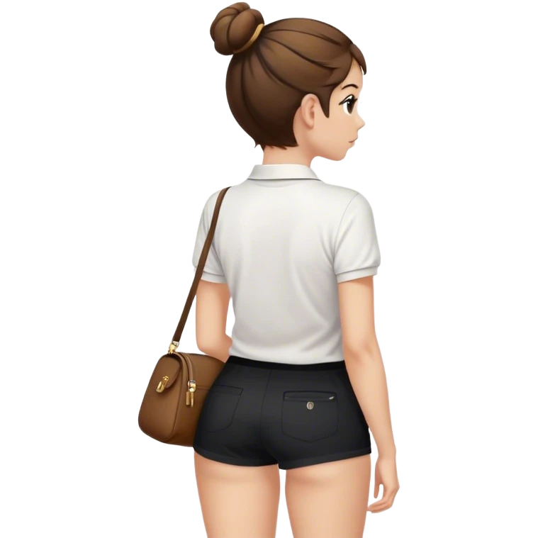 girl back view white polo black shorts brown hair in a bun with white bag emoji