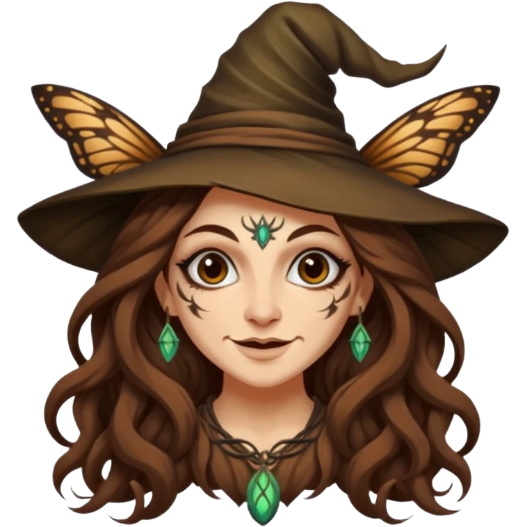 mischievous forest witch woman long wavy brown hair tattoos smirk moth emoji