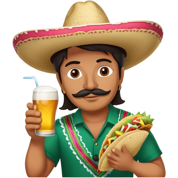 Mexican wearing sombrero drinking beer eating taco emoji