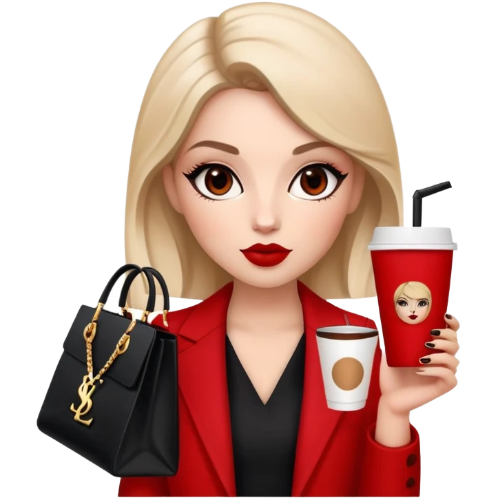 Aries girl core aesthetic, bold red and black outfit, memoji-style avatar, YSL shopping bag, espresso drink, clean minimal background, boss babe mood, street chic style, bold makeup. emoji
