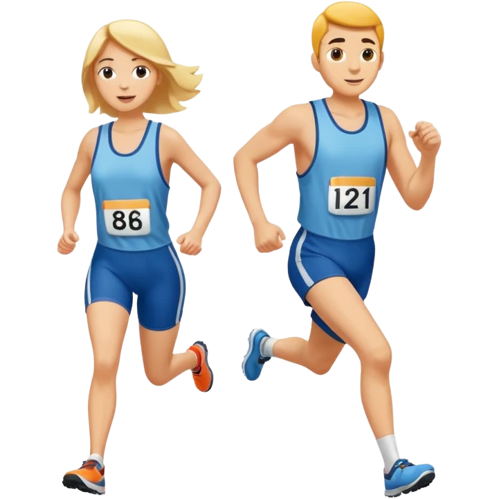 A man and a woman competing in a footrace, wearing bib numbers emoji