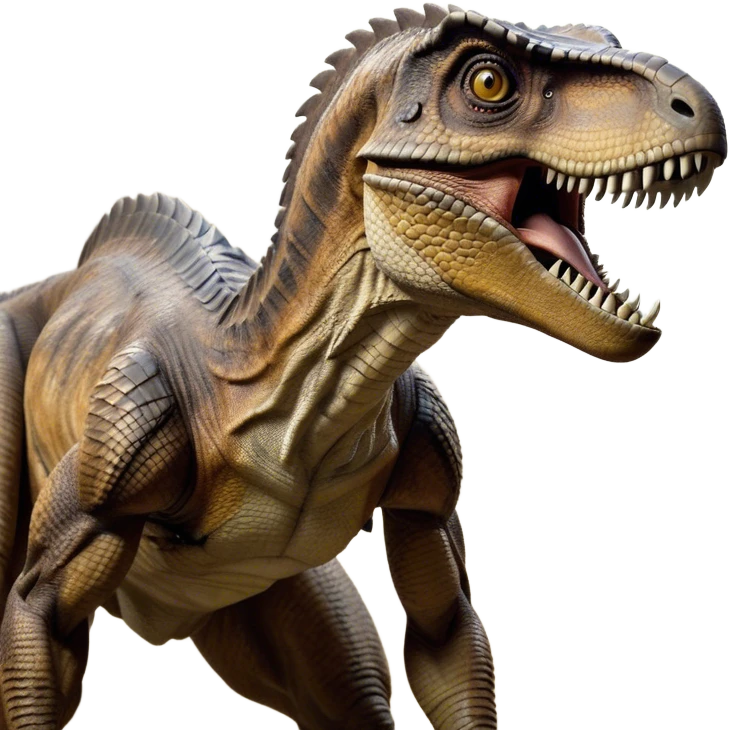 Cinematic Realistic Noble velociraptor/T-rex Portrait Emoji, Poised and imposing, with a massive, muscular build and a rugged, intricately scaled hide in ancient earthy tones, a sharply defined, fearsome head with piercing, primal eyes rendered in lifelike detail, high shine, intelligent and formidable, styled with an air of prehistoric authority, focused and attentive, soft glowing outline, capturing the essence of a watchful and confident velociraptor/T-rex that appears ready to roar out of the screen with timeless power! emoji