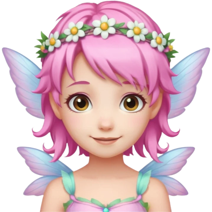 A tiny pastel fairy with pink hair with glowing wings and a sweet smile and tiny flower crown
 emoji