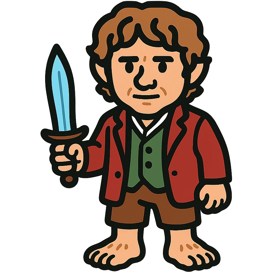 Whole body image of bilbo baggins from the hobbit movie in pixel art style. Bilbo is younger. Make Bilbo look like the actor that portrayed him in the movie, Martin Freeman. Bilbo is wearing the same red jacket, green vest, white undershirt, brown leather short pants, and hairy hobbit feet. He is holding a short sword that is glowing with a blue hue.  emoji