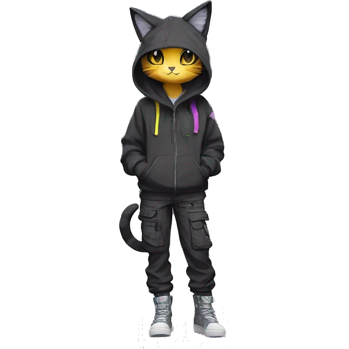 Edgy Anthro cool shy cute colorful urban beautiful pretty anime dark cat-Pokémon-fursona techwear cargo pants hoodie emoji