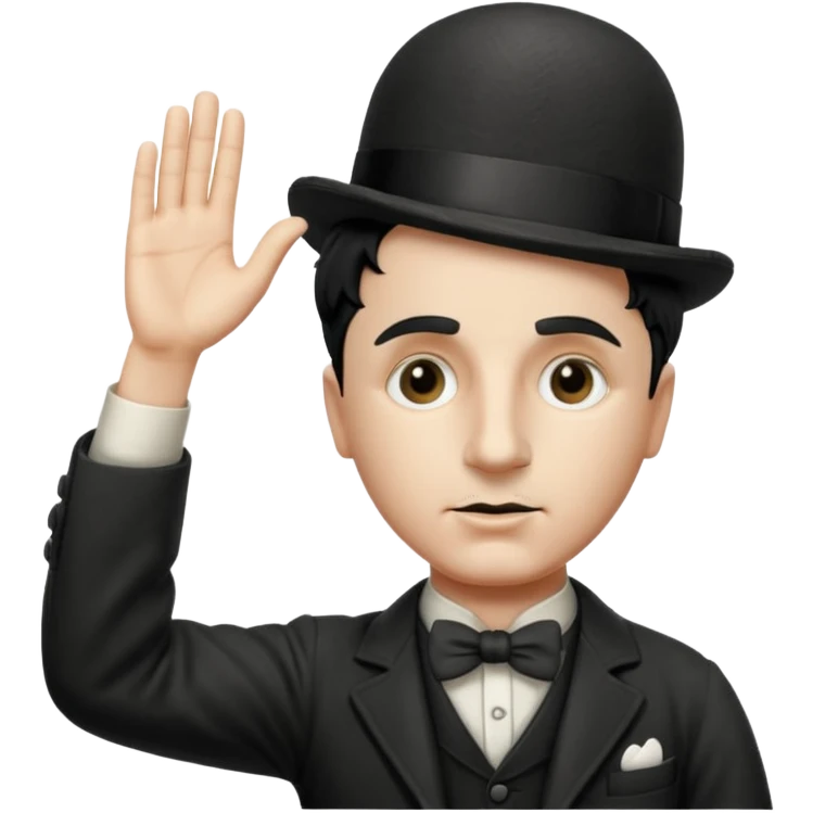 Charlie Chaplin, facing front, right arm extended 45 degrees up, hand straight, palm facing down, manji symbol badge on his left arm emoji