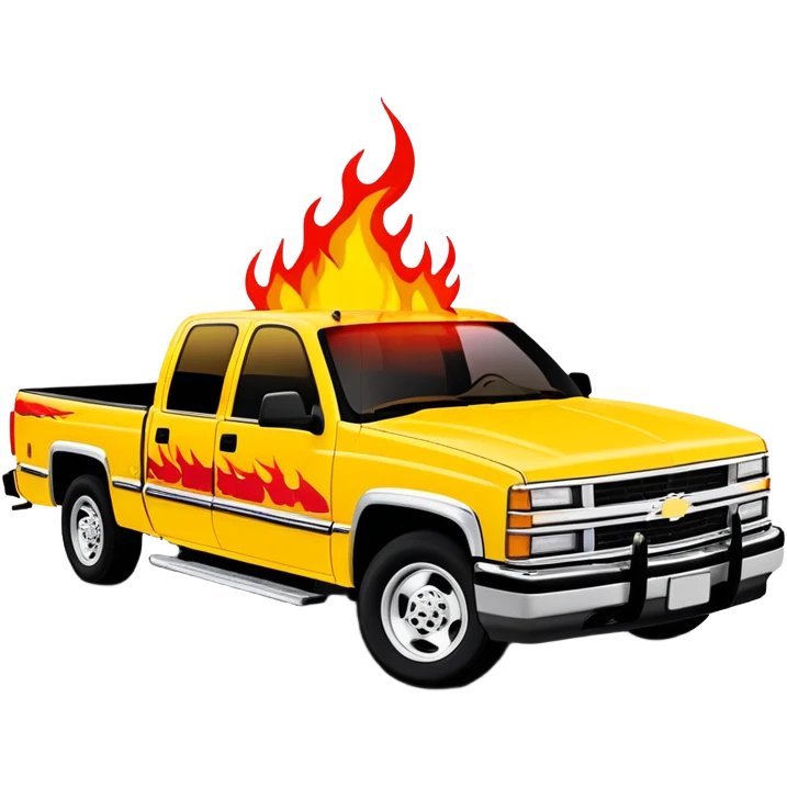 Yellow 1997 Chevrolet C-2500 Crew Cab Silverado with accurate red flame decal printed on the hood, exactly as seen in Kill Bill movie, 30-degree view showing detailed flame graphics, iOS emoji style emoji