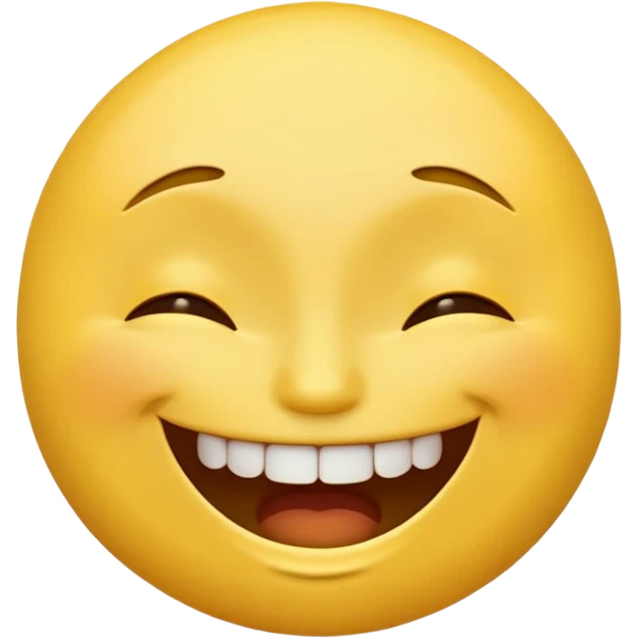 yellow emoji with a big grin, upper teeth visible, eyes closed, and raised eyebrows, classic emoji style emoji