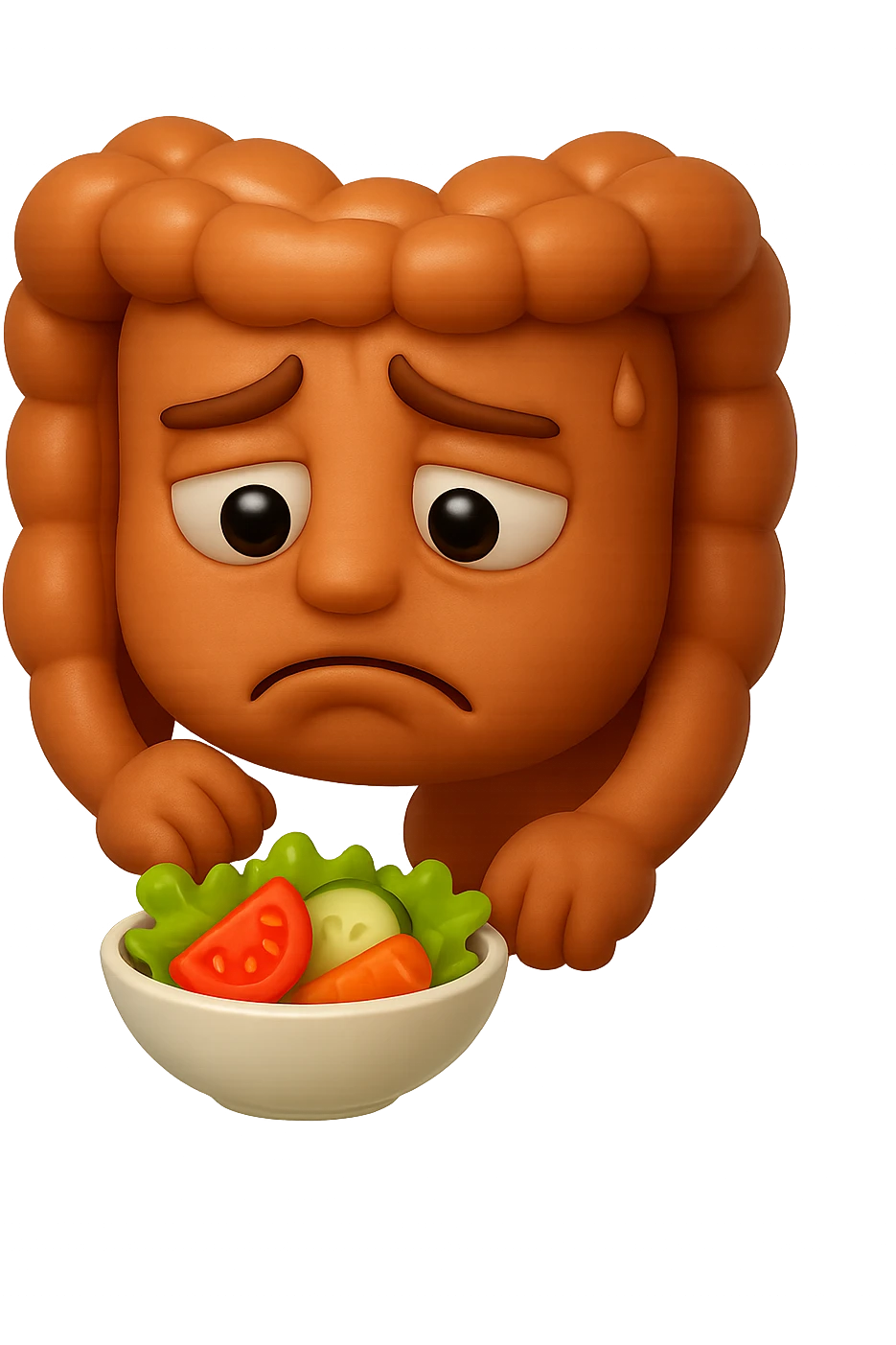 EMOJI STILE IPHONE DI UN INTESTINO UMANO ANATOMICO CHE GUARDA UN INSALATA CON ESPRESSIONE TRISTE E RASSEGNATA IN VOLTO: SOFFRE LA FAME PERCHé è A DIETA, FAGLI ANCHE LA PARTE BIANCA DEGLI OCCHI, NON SOLO LE PUPILLE, IPERREALISTICO 4K emoji