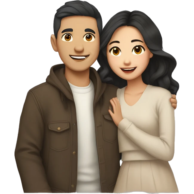 A half pale Asian man with short dark hair and amber eyes embracing and loving a half Asian woman with long wavy dark hair and dark hazel eyes. They love each other a lot And have good fashion taste. And are having a lot of fun emoji