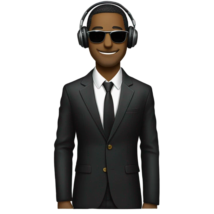Man with sunglasses DJ black jacket skinny tie headphones scratching records emoji