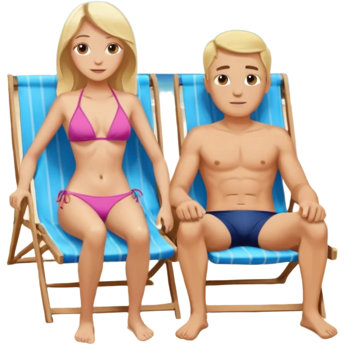 Ein Emoji, das ein älteres Paar am Strand zeigt: die Frau sehr schlank mit mittellangem, blondem Haar im Bikini, der Mann mit Bauchansatz in Badeshorts. Beide sind im Ruhestand und liegen entspannt in Liegestühlen, um sich vom Stress des Rentnerlebens zu erholen. emoji