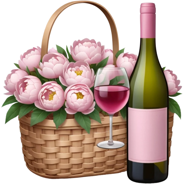 White Picnic basket with light pink bow and white peonies inside and a pink wine bottle emoji