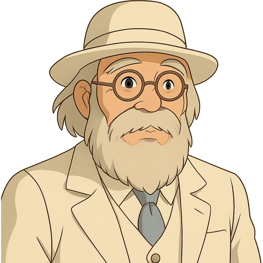 old man with a white hat, slightly long white beard, white moustache, round glasses, white suit, white longish hair, ghibli style emoji