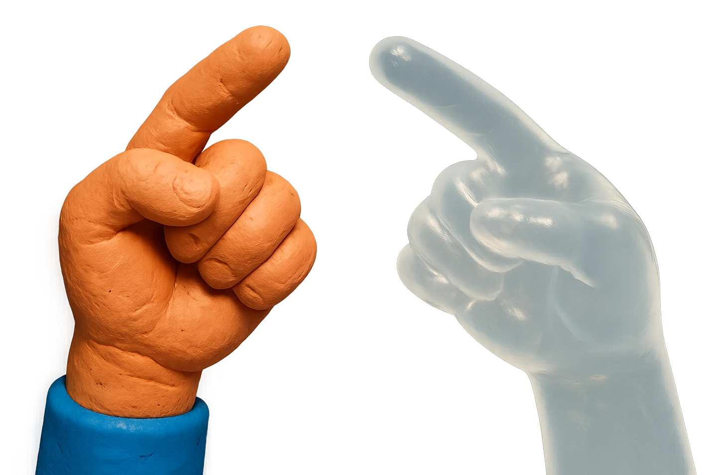 highly detailed, hyper-realistic clear-skin hand with pointer finger out, made of soft, cloudy, transparent plastic like 90's retro toy or gummy, soft, subtle reflections, squishy and appealing, no background transparent, extremely high-quality, awesome appearance emoji