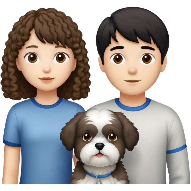 Quiero una pareja joven con un perro shitzu blanco y gris. La chica con pelo rizado marron pero con el flequillo liso. El chico con el pelo liso negro, piel blanca y sin barba emoji