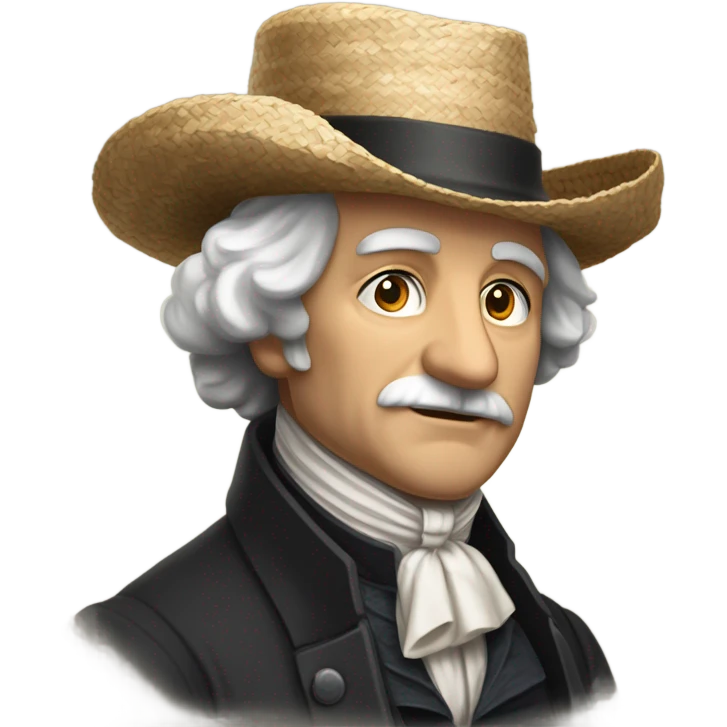 “An older male with a rounded face and calm expression, medium-to-long graying hair under a wide-brim straw hat, wearing a dark historical coat and a white ruffled cravat, evoking early 19th-century style.” emoji
