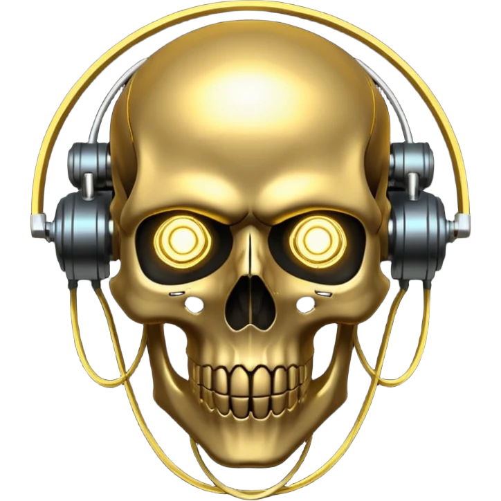 Cyberpunk shield, skull with cybernetic implants, glowing wires, dark electric gold and black tones, no background emoji