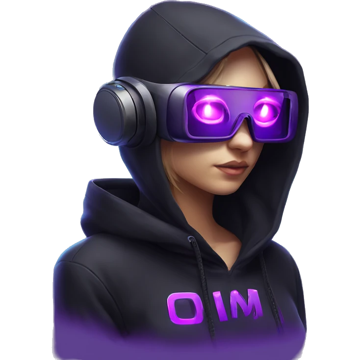 Russian girl wearing black hoody with violet letters "OMG", in vr headset. Cyberpunk style. Violet neon. emoji