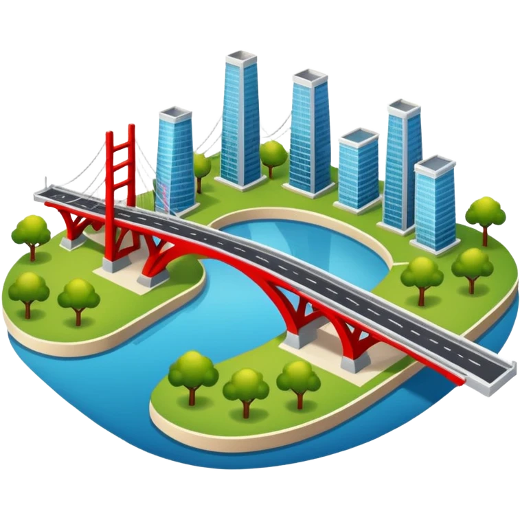 advanced modern island with advanced infrastructure, parks, contemporart buildings, and with a red bridge on one side emoji