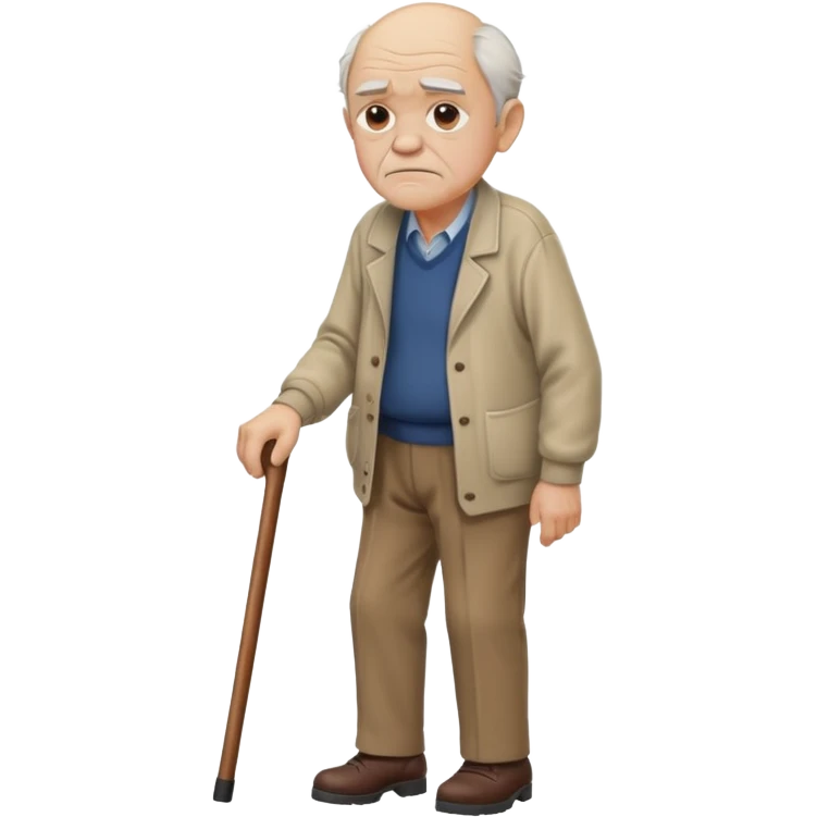 Old man leaning on a walking cane and holding his crancky back with his hand, grumpy face, detailed emoji